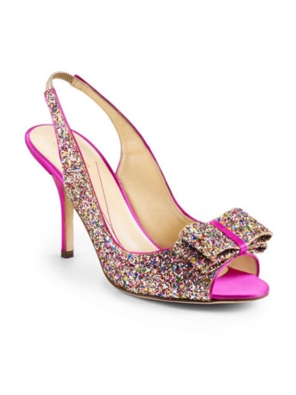 Kate Spade Charm Hot Pink Satin & Rainbow Sparkle Glitter Slingback Heels Size 6